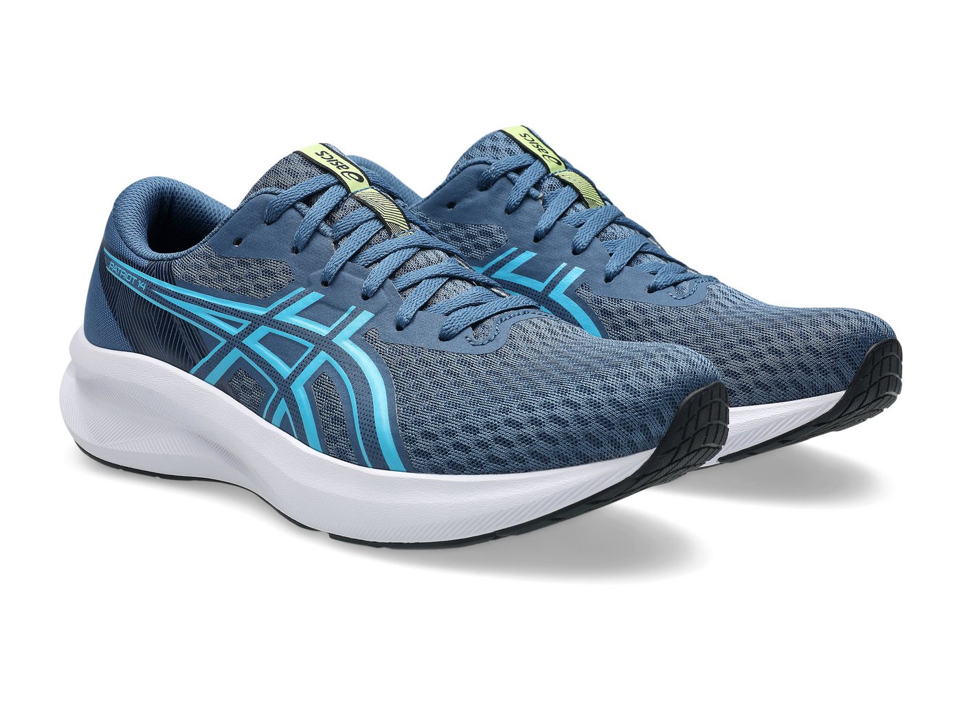 ASICS PATRIOT 14 Laufschuh atmungsaktives Mesh-Obermaterial, Energiegeladene Mittelsohle (GRAND SHARK/ENERGY AQUA)