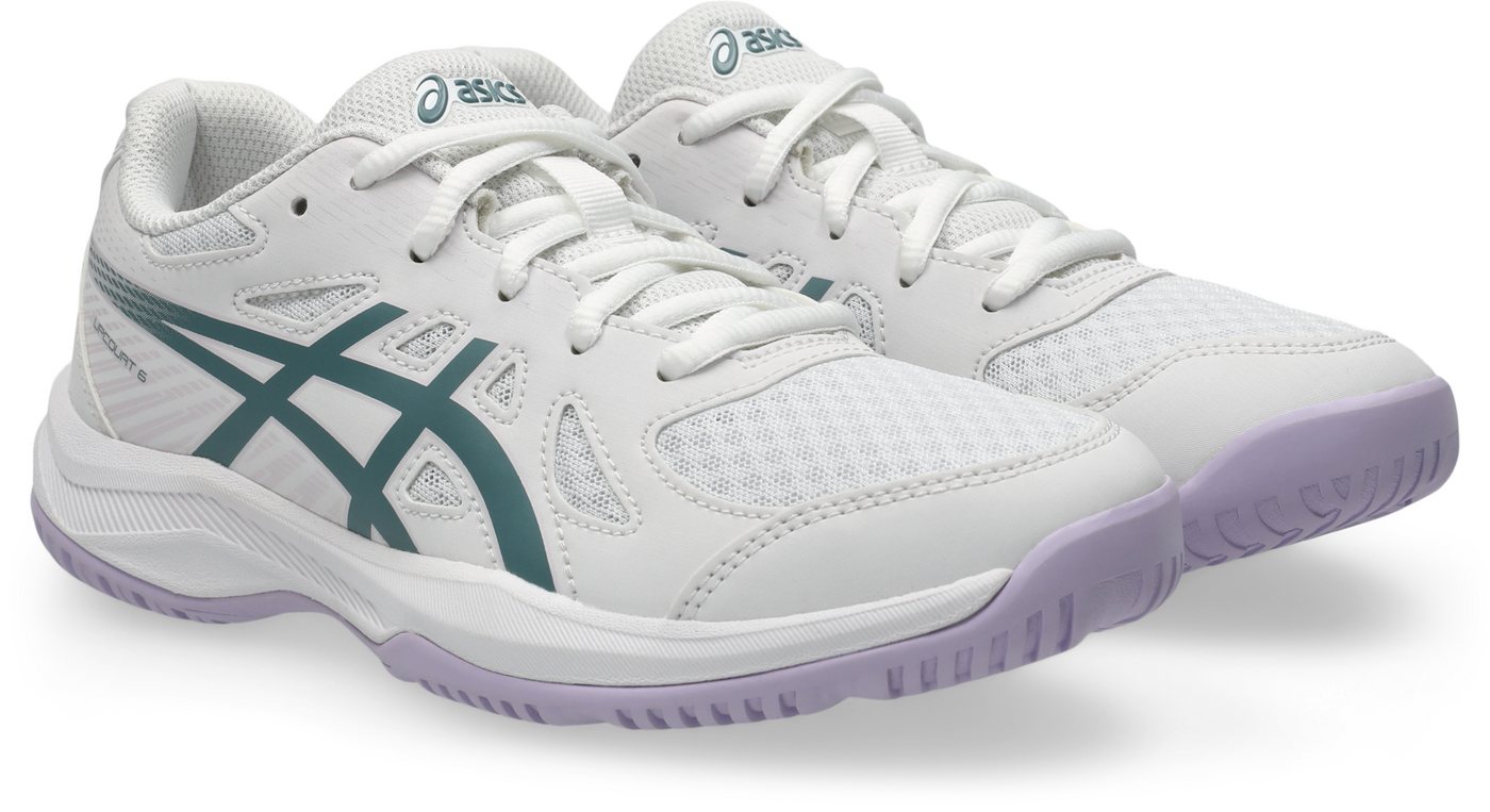ASICS UPCOURT 6 GS Hallenschuh geeignet für Handball&Volleyball, Indoorschuh, nicht abfärbende Sohle (weiß/silber)