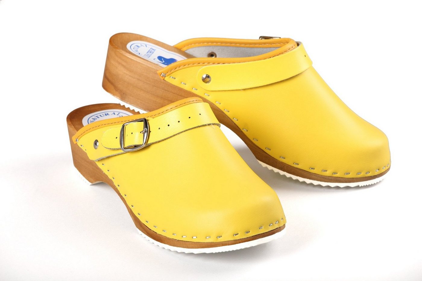 Aves-24 CLOGS Pantolette Sandalette Leder Holzschuhe Holzclogs Damen Klotschen Clog Gelb 36