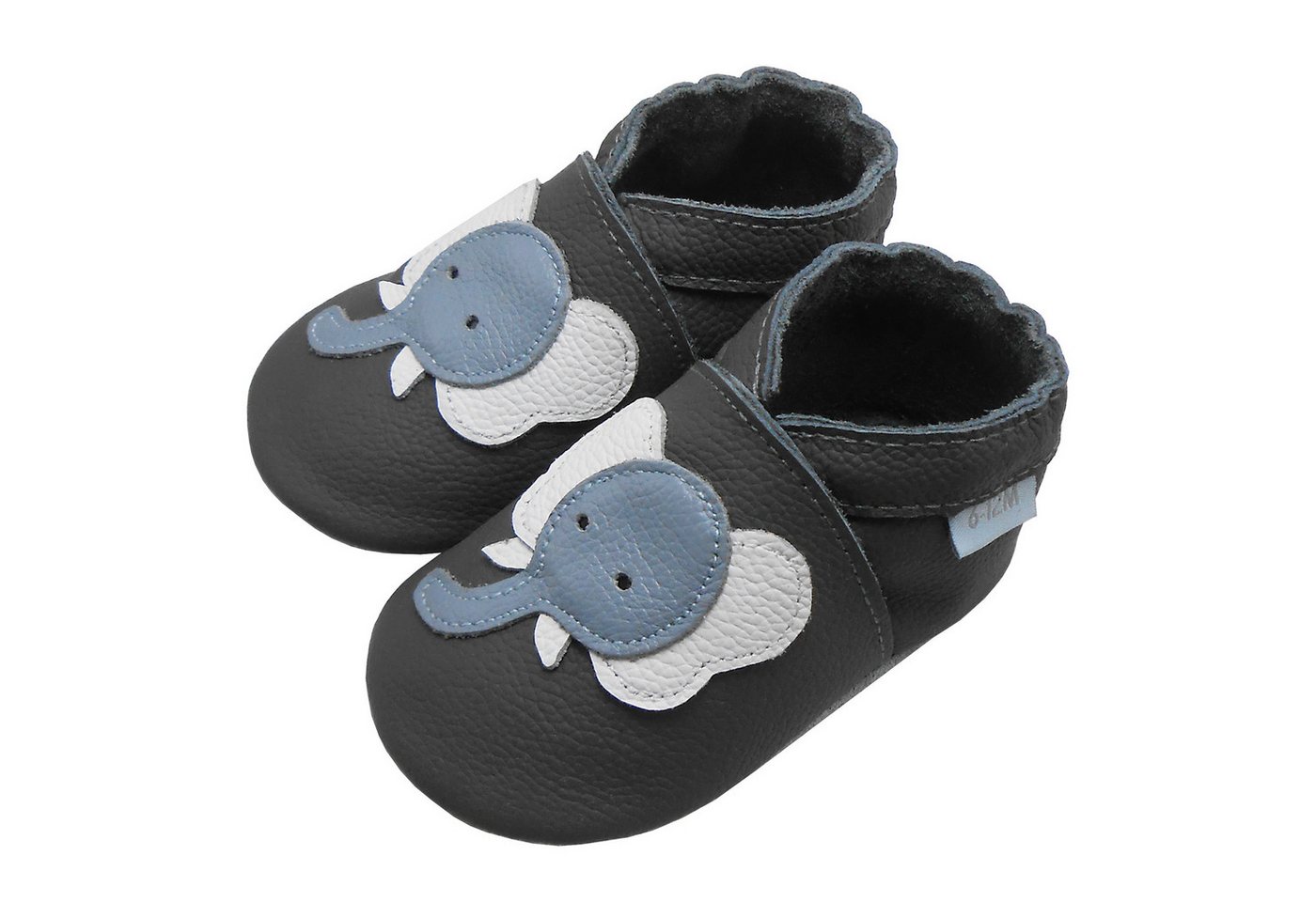 Basrakids Weiche Leder Lauflernschuhe Hausschuhe Lederpuschen Elefant dunkelgrau Lauflernschuh (100 % echtem Leder) Handgenäht, weiche, leichte, flexible, rutschfest