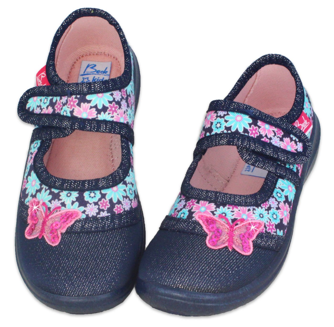 Beck Hausschuh Beauty Hausschuh (Flexible Laufsohle. Weiches Fußbett, schmale Passform) Klettverschluss, Glitzer Einfassband, Hochwertige Verarbeitung