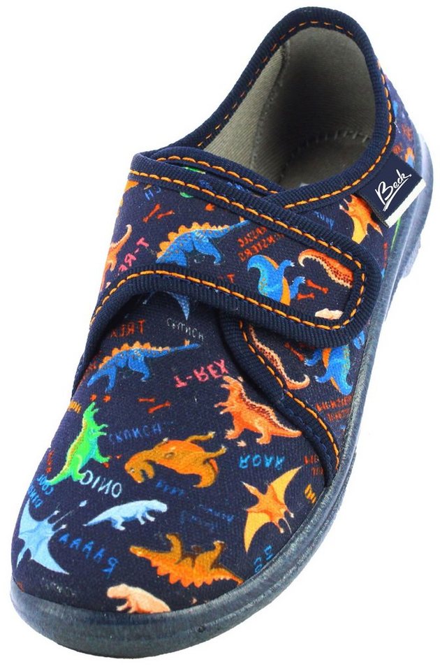 Beck Hausschuh Dinosaurier Hausschuh (atmungsaktiv, für Kindergarten, Schule, Zuhause) für schmale Füße, mit weich gepolsterter Decksohle