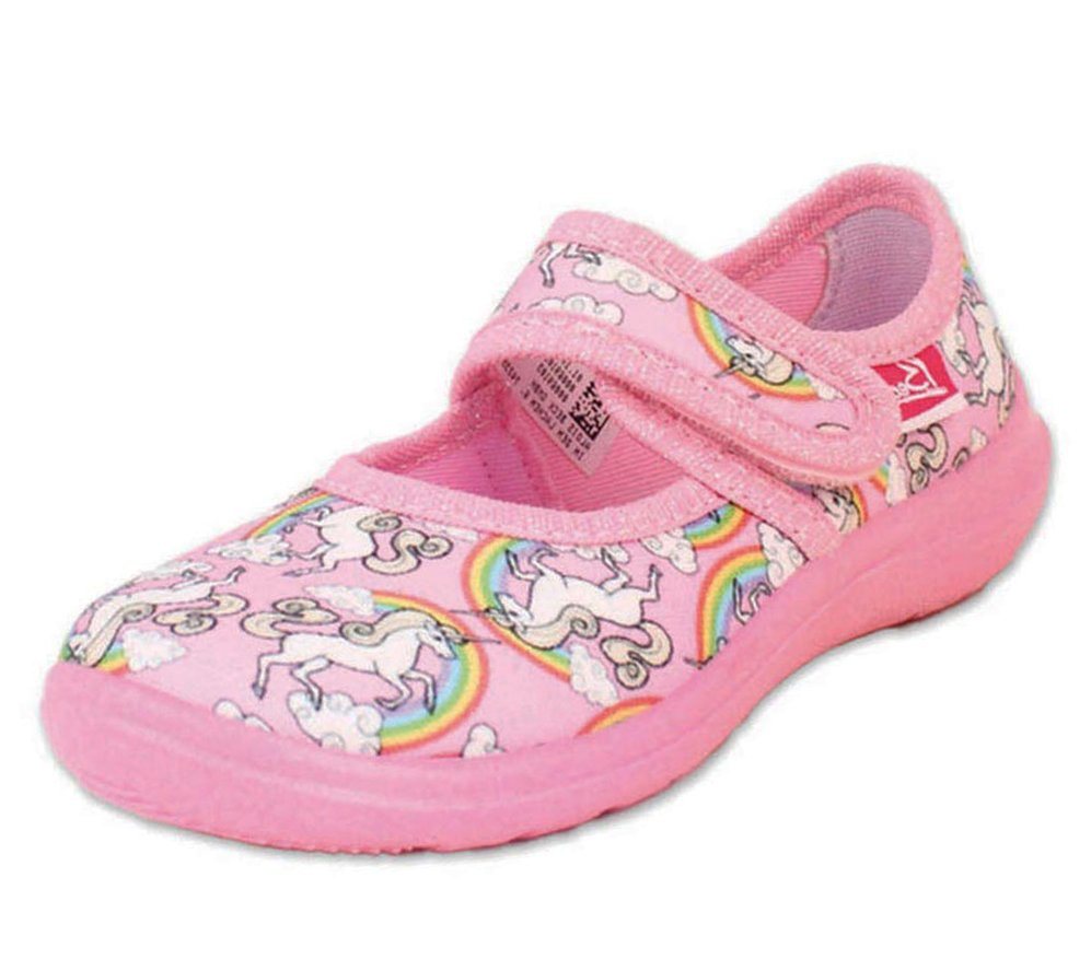 Beck Hausschuh Rainbow Hausschuh (Bestseller für Mädchen, mit gepolsterter Innensohle) schmale Passform, modischer Einhorn-Print mit Regenbögen