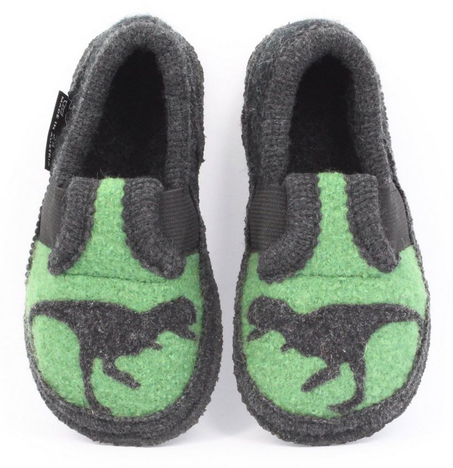 Beck Hüttenschuh Dino Hüttenschuhe (Original aus Österreich, coole Jungs-Hüttenschuhe für Kita, Schule und Zuhause) rutschfeste Sohle, seitliche Gummizüge, warmer atmungsaktiver Wollfilz
