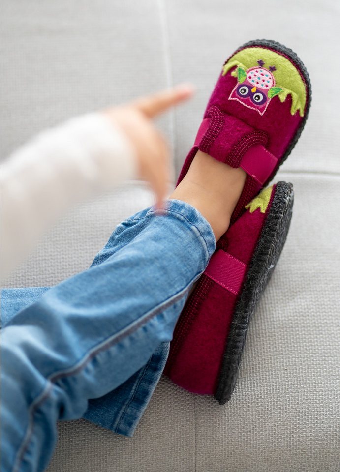 Beck Hüttenschuh Eule Hüttenschuhe (aus Österreich, mit rutschfester Laufsohle) zum Schlupfen, Gummieinsätze seitlich, 100% atmungsaktive Schurwolle