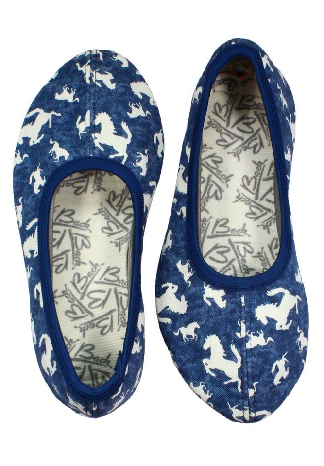 Beck Schläppchen Horses Gymnastikschuh (in Jeans-Optik, für Sport, Kita, Schule und Zuhause) mit rutschfester Gummi-Laufsohle