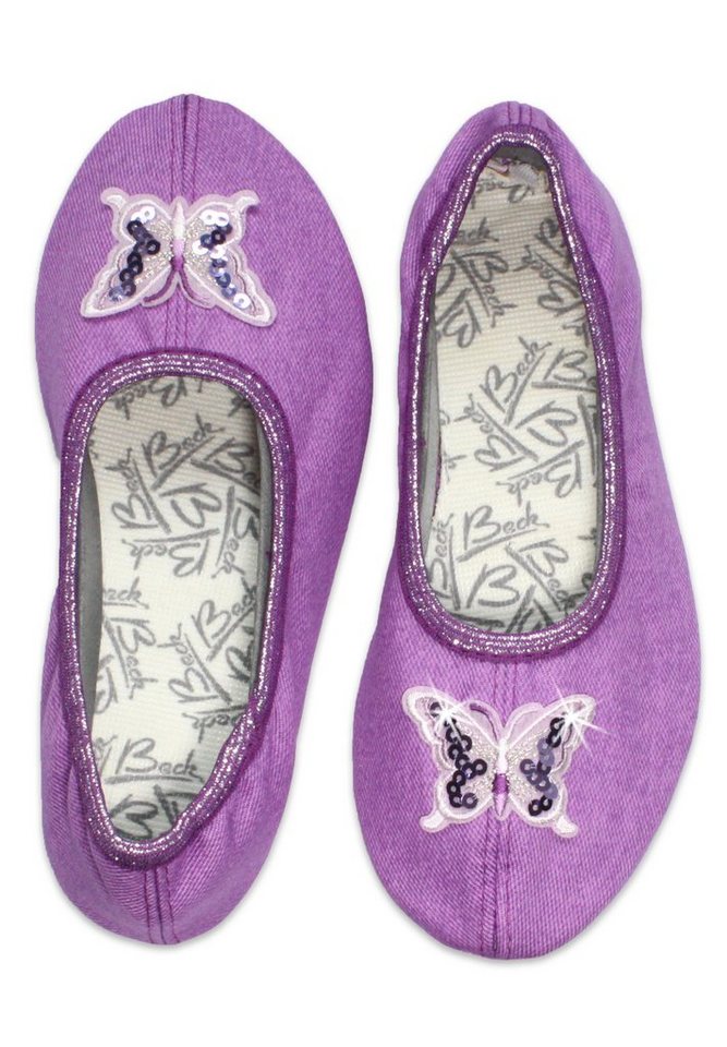 Beck Schläppchen Schmetterling Gymnastikschuh (Trendfarbe lila) Schmetterling mit Pailetten) mit rutschfester Gummi-Laufsohle