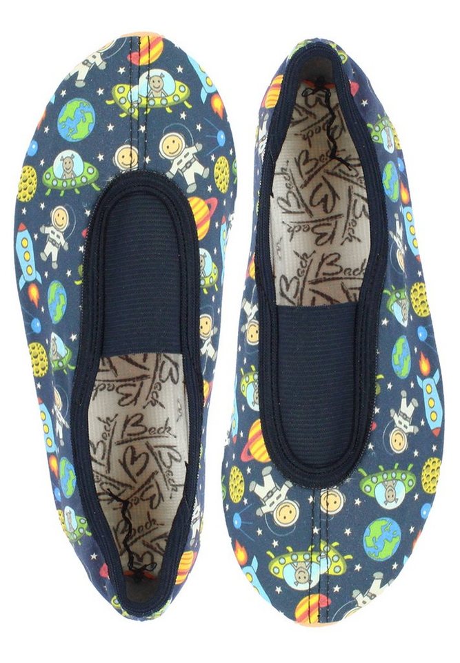 Beck Schläppchen Space  mit Ristgummi Gymnastikschuh (Barfußschuhe, für schmale Füße und kleine Kinder besonders geeignet, ab Gr. 18/19 verfügbar) atmungsaktive Baumwolle, rutschfeste Gummi-Laufsohle