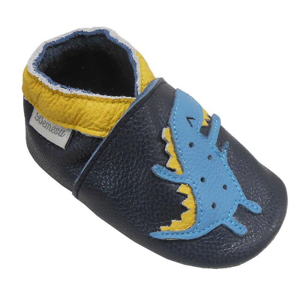 Bemesu Krabbelschuhe Baby Lauflernschuhe Lederpuschen dunkelblau Dinosaurier Krabbelschuh Rutschfest atmungsaktiv