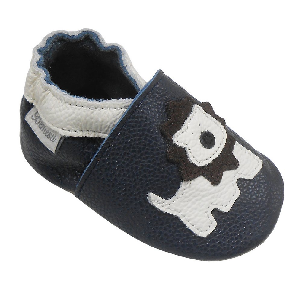 Bemesu Weiche Leder Krabbelschuhe Baby Lauflernschuhe Lederpuschen dunkelblau Krabbelschuh (Muster: Löwe)