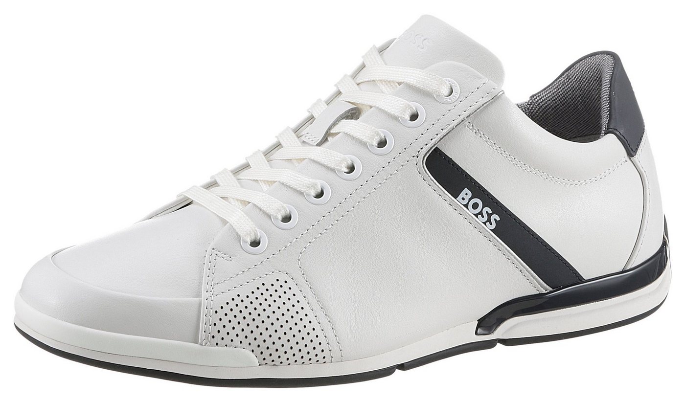 Boss Sneaker mit BOSS-Markenlabel, Freizeitschuh, Halbschuh, Schnürer,schmale Form (weiß)