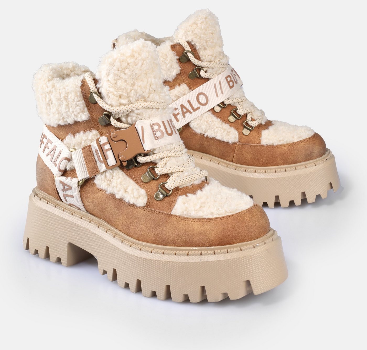 Buffalo Aspen Com Mid Warm Plateaustiefelette Winterboots, Schnürboots, Stiefelette mit kuscheligem Warmfutter (beige/braun)