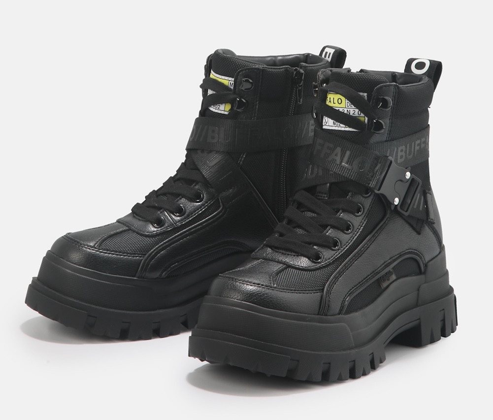 Buffalo Aspha Com1 Vegan Winterboots Schnürstiefelette, Plateauboots mit Innen-Reißverschluss (schwarz)