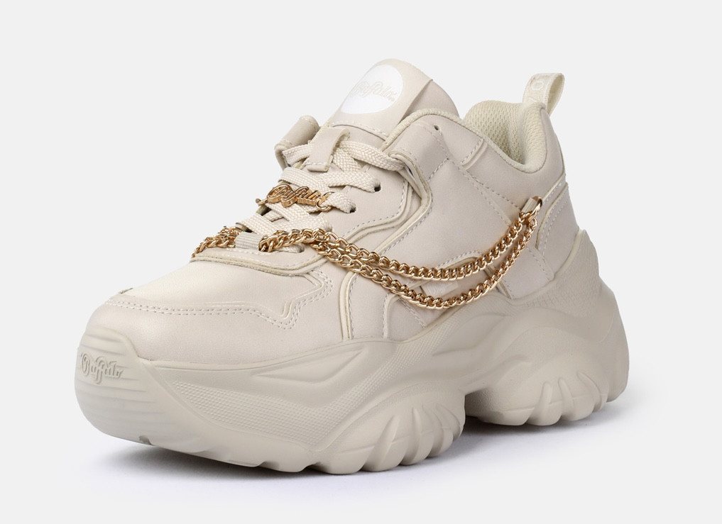 Buffalo Bliss Chain Plateausneaker Halbschuh, Schnürschuh, Chunky Sneaker mit Zierkette (beige/gold)