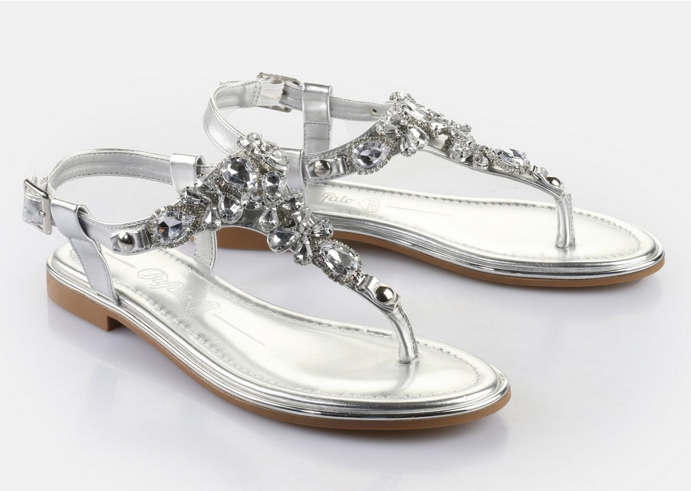 Buffalo KIRA ICE Zehentrenner, Riemchensandale, Sommerschuh, Urlaubsandale, Memory Foam Innensohle (silber)