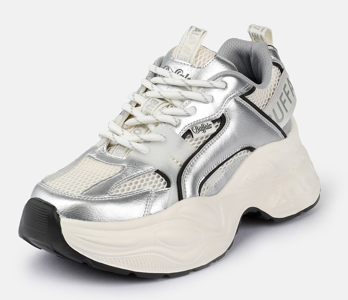 Buffalo Yuno one Plateausneaker Halbschuh, Schnürschuh, Retro-Sneaker mit Memory Foam Innensohle (schwarz/silber/weiß)