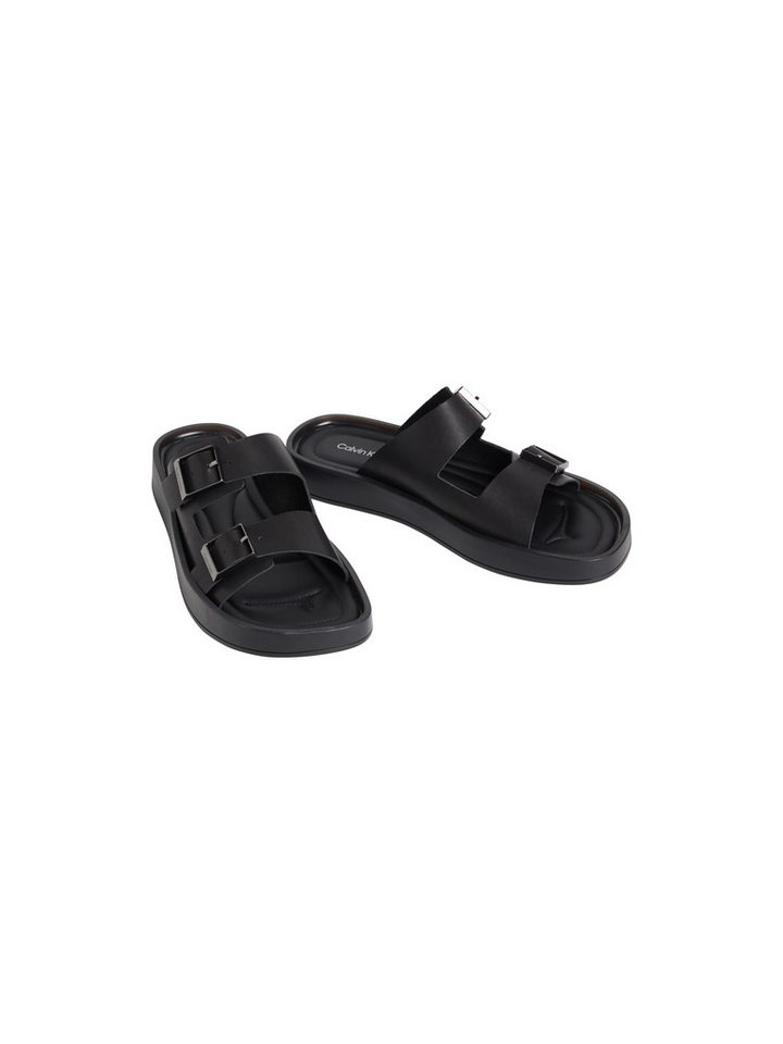 Calvin Klein ERGON DOUBLE BAR SANDAL LTH Pantolette Strandschuh, Sommerschuh, unifarbener Flat mit Logoschriftzug