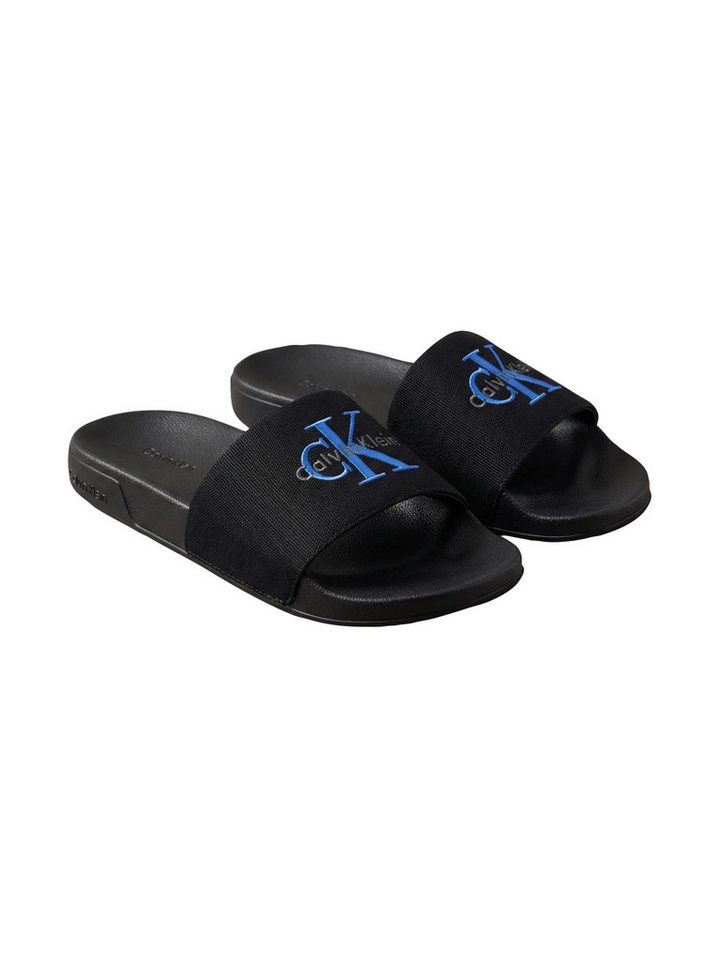Calvin Klein ESS SLIDE CV WN Badepantolette Strandschuh, Flat mit CK-Stickerei (blau/schwarz)