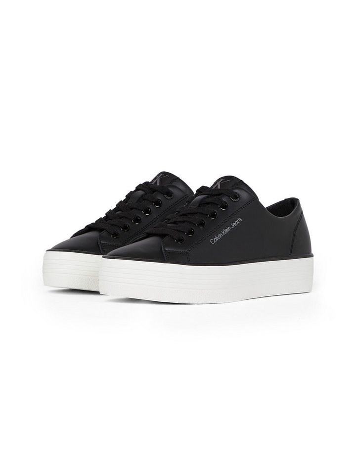 Calvin Klein Jeans BOLD VULC FLATF LOW LTH IN Sneaker, Halbschuh, Schnürschuh, Freizeitschuh mit CK-Logo an der Ferse (schwarz/weiß)