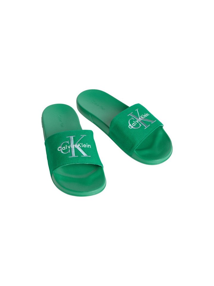 Calvin Klein Jeans ESS SLIDE CV Pantolette Badeschuh, Flat, Poolslides mit Logoschriftzug (grün)