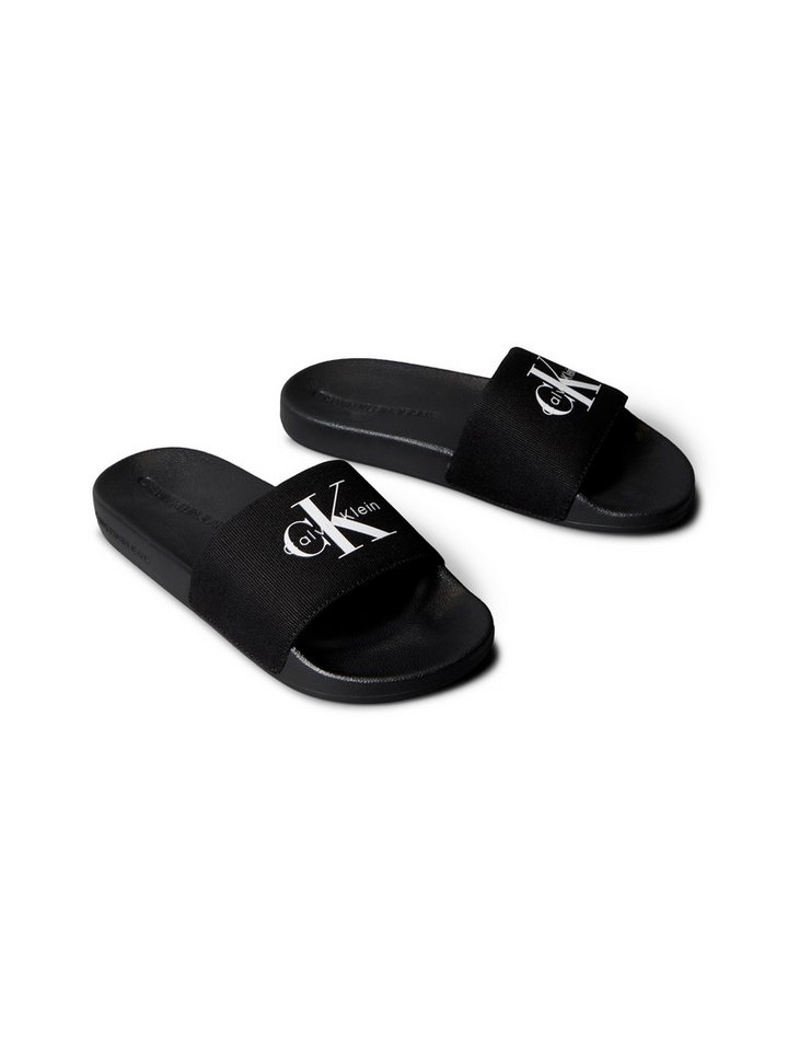 Calvin Klein Jeans SLIDE MONOGRAM WN LOGO CK Badepantolette Strandschuh, Pool Slides, Badeschuh, Flat mit Logo (schwarz/weiß)