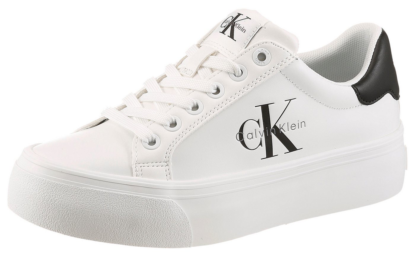 Calvin Klein VULC FLATFORM LACEUP LOW LTH Plateausneaker Schnürschuh, Halbschuh, Freizeitschuh mit seitlichem Logoschriftzug (weiß)