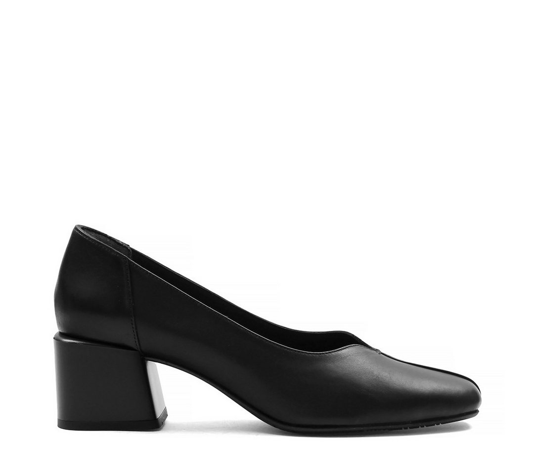 Celal Gültekin Blockabsatz Karreekappe Business V-Ausschnitt Damen Pumps Glattleder, Echtleder-Futter & Decksohle, Schwarz, 38