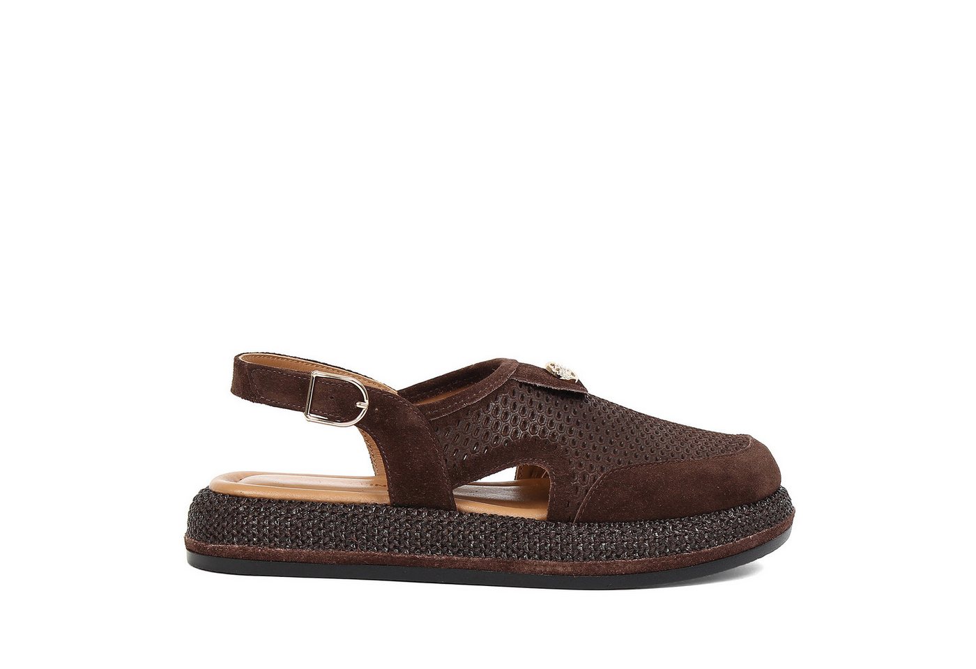 Celal Gültekin Plateau Slingback Flechtoptik Boho Cut-Out Damen Plateausandaletten Veloursleder, Geflecht-Plateausohle & Echtleder-Futter, Braun, 39