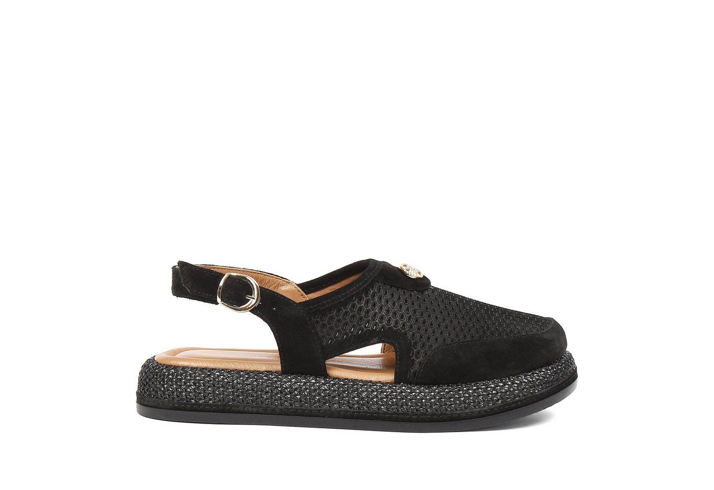 Celal Gültekin Plateau Slingback Flechtoptik Boho Cut-Out Damen Plateausandaletten Veloursleder, Geflecht-Plateausohle & Echtleder-Futter, Schwarz, 39