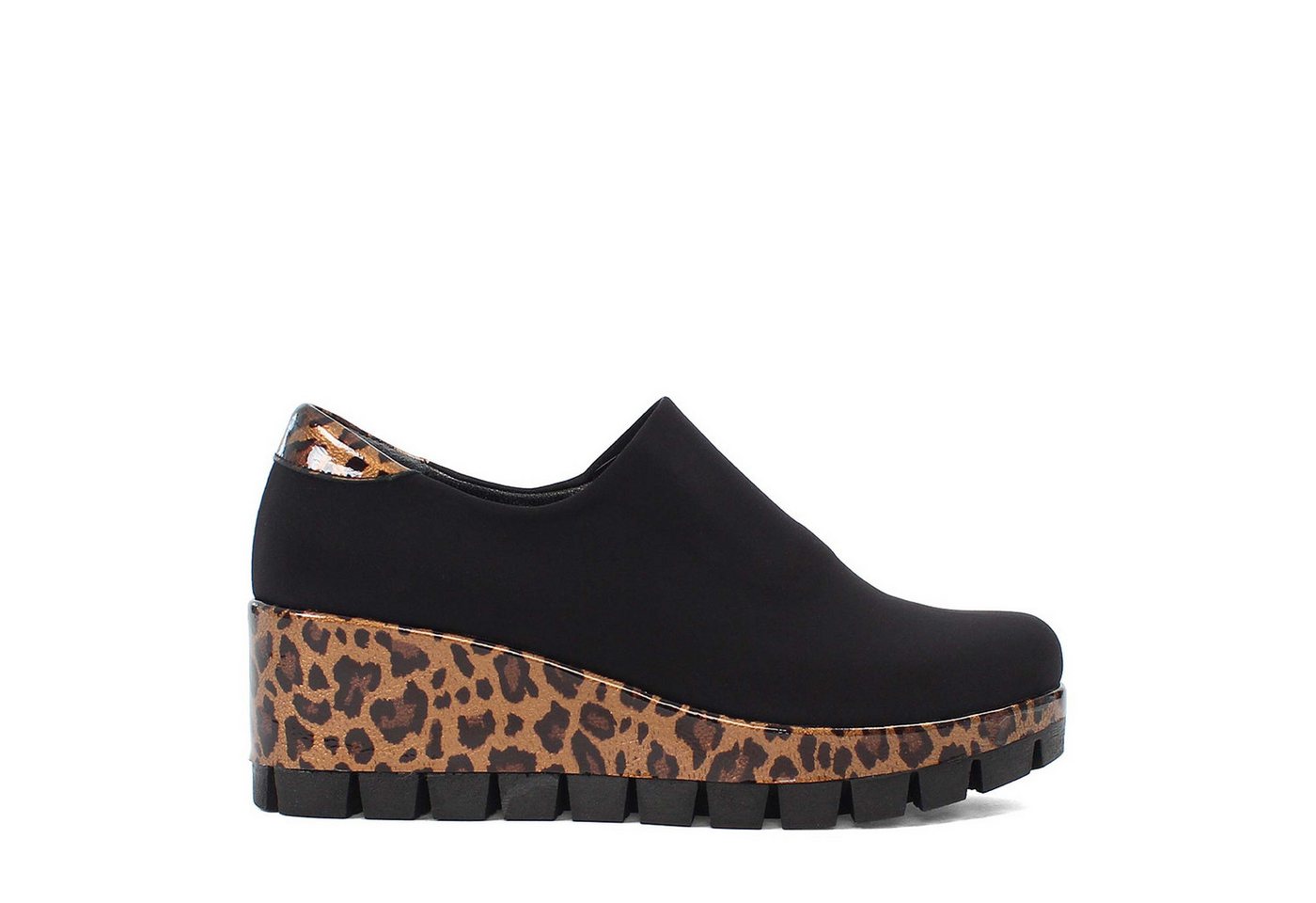 Celal Gültekin Plateau Sneaker Damen Slip-On Schwarz – Keilabsatz Damen Schuhe Keilsneaker Keilabsatz Damen Sneaker mit braunem Leopardenmuster, Trendige Schuhe