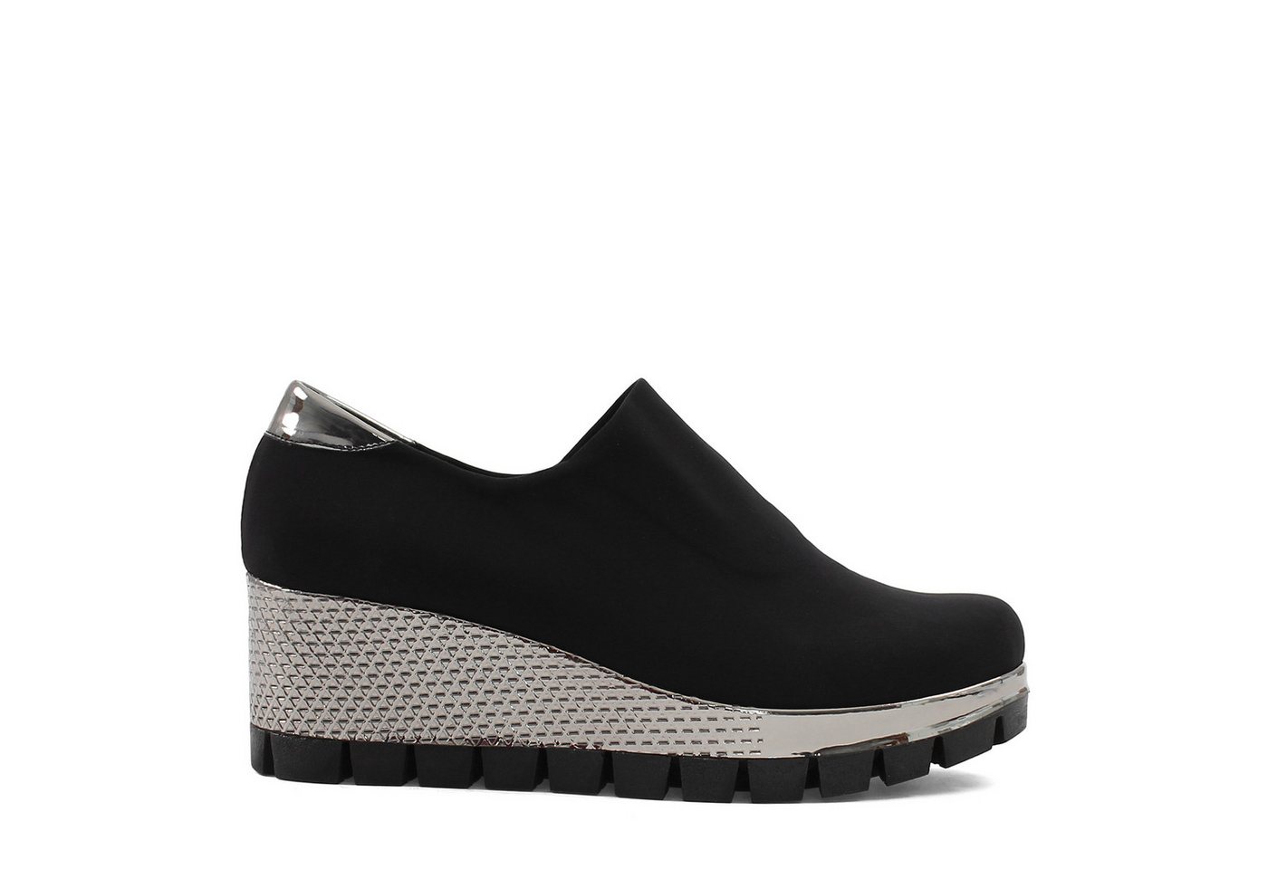 Celal Gültekin Plateau Sneaker Damen Slip-On Schwarz – Keilabsatz Damen Schuhe Keilsneaker Metallic-Keilabsatz, Slip-On, elastisch, Profilsohle, Schwarz