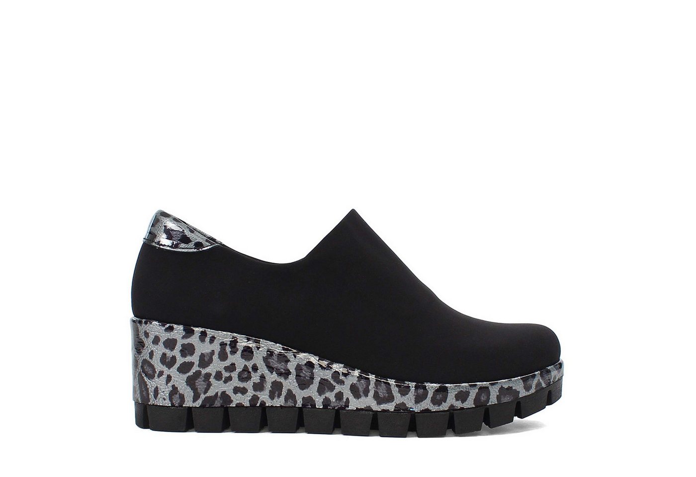 Celal Gültekin Plateau Sneaker Damen Slip-On Schwarz – Keilabsatz Damen Schuhe Keilsneaker Stylische Damen Sneaker mit grauem Leopardenprint und Keilabsatz