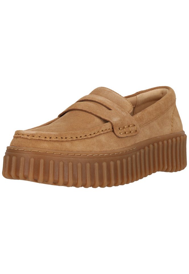 Clarks Torhill Penny Light Tan Suede Slipper mit charakteristischer, gerippter Sohle