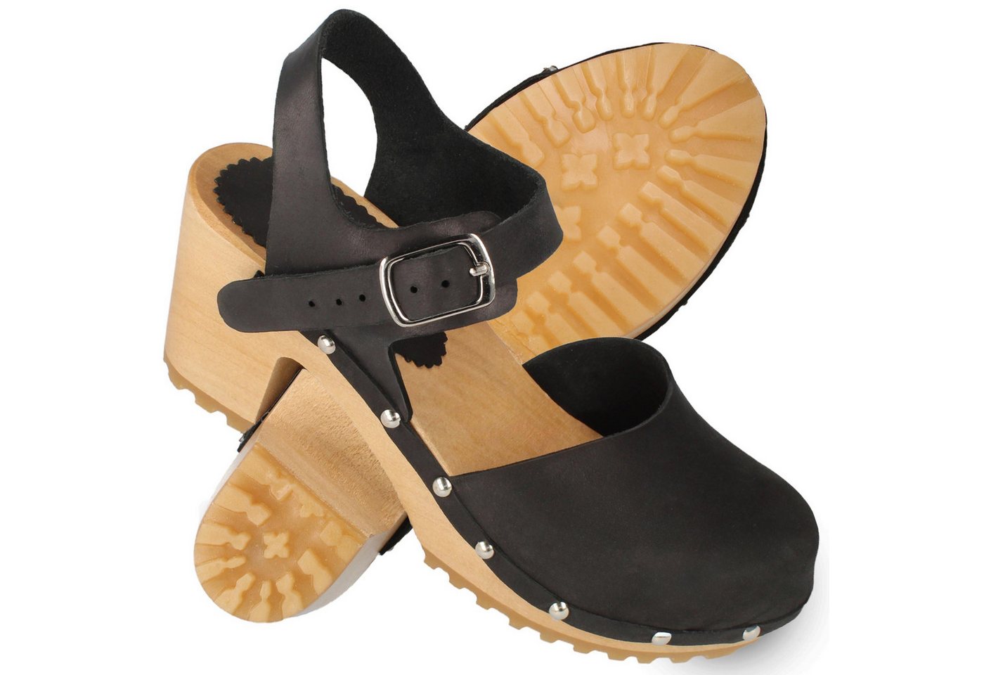 Cloque Battonya Damen Clog mit Holzabsatz, Sandalen Sandalette Echtholzsohle, weiches Leder, Sandalen (schwarz)