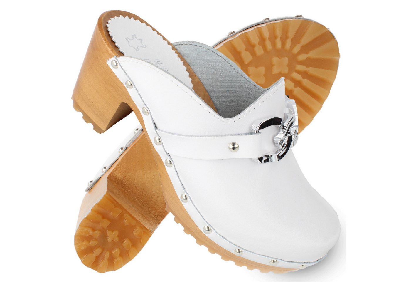 Cloque Bodony Clogs mit Absatz und Schnalle, Schwarz oder Weiß Clog (1 Paar, Echtleder, Holz-Absatz, Rückenschonend) zum Schlupfen