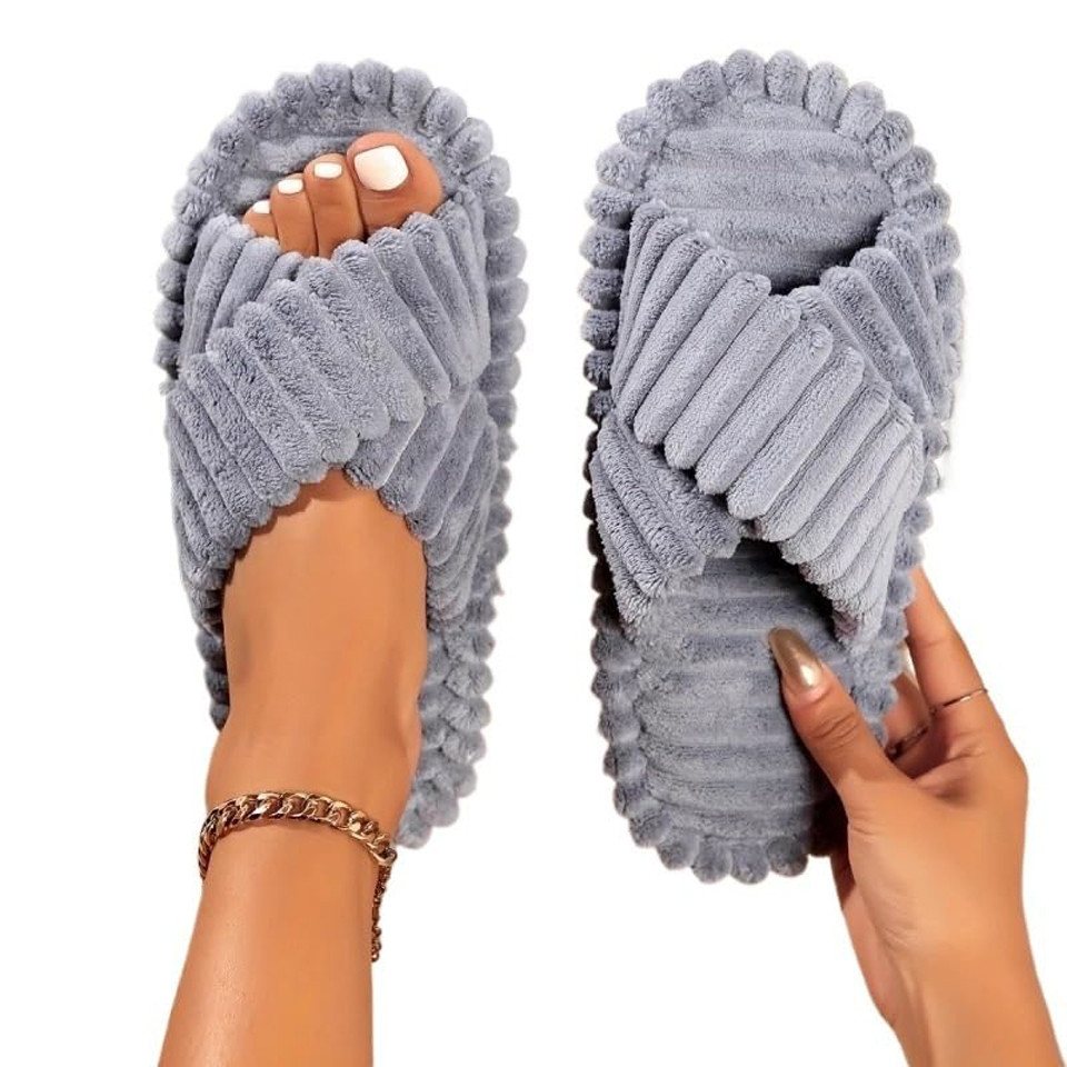 Coonoor Damen Hausschuhe Wohnschuhe, offener Zehen, Querriemen-Schleife Plüsch Hausschuhe rutschfeste Sohle. Bequeme Trend-Slide als stylisches Geschenk