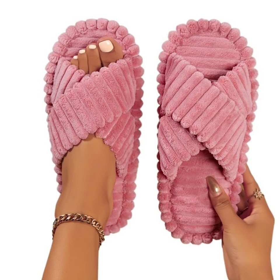 Coonoor Damen Hausschuhe Wohnschuhe, offener Zehen, Querriemen-Schleife Plüsch Hausschuhe rutschfeste Sohle. Bequeme Trend-Slide als stylisches Geschenk