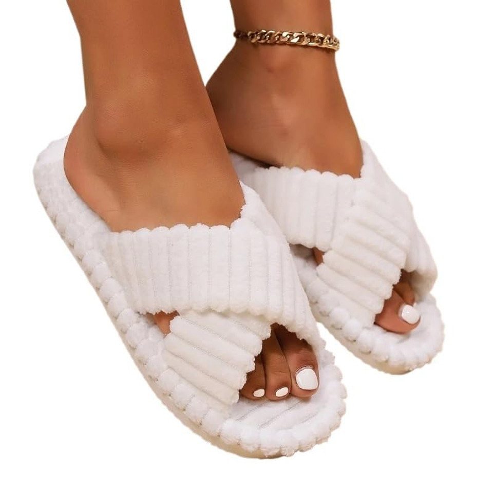 Coonoor Damen Hausschuhe Wohnschuhe, offener Zehen, Querriemen-Schleife Plüsch Hausschuhe rutschfeste Sohle. Bequeme Trend-Slide als stylisches Geschenk
