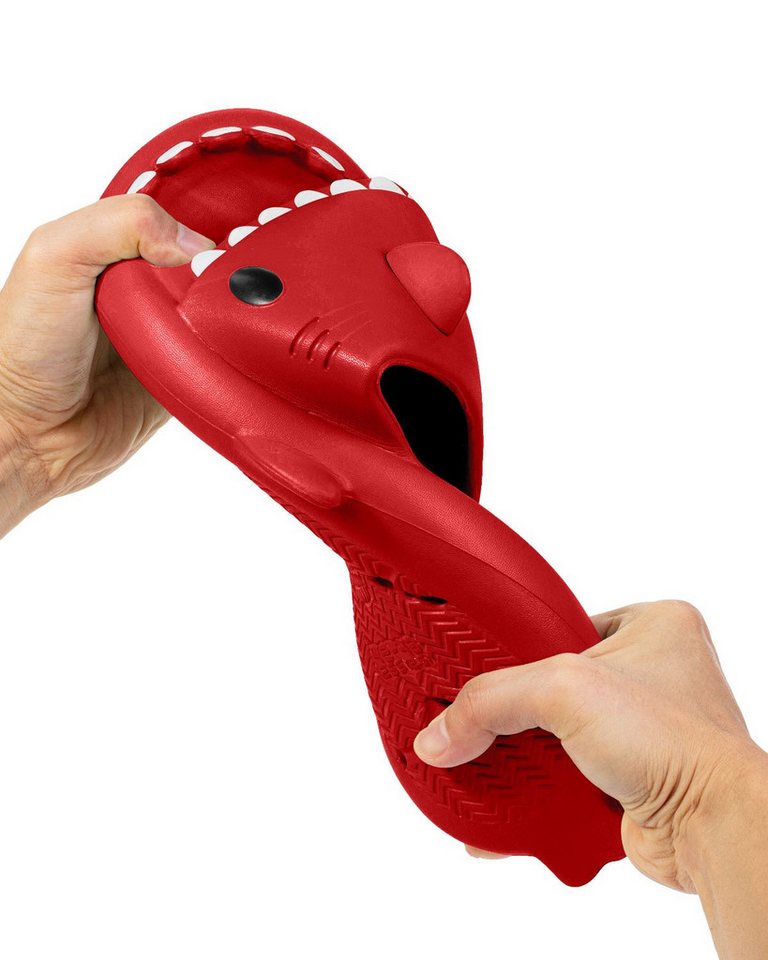 Corimori Bequeme Hai Badeschuhe im Haifisch-Design Badeschuh (Packung, Geschenk) lustige, rutschfeste, schnell trocknende Badeschlappen EU Größe 38-39 (rot)