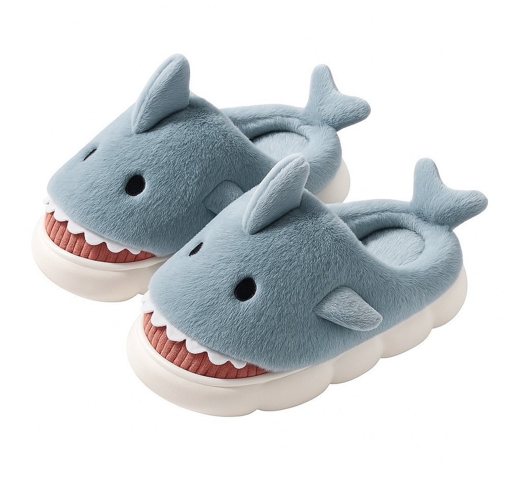 Corimori Flauschige Haifisch Pantoffeln Plüsch Hausschuhe (Packung, Geschenk) rutschfeste Sohle & weiches Innenfutter, Hai Slipper, EU Größe 36-37