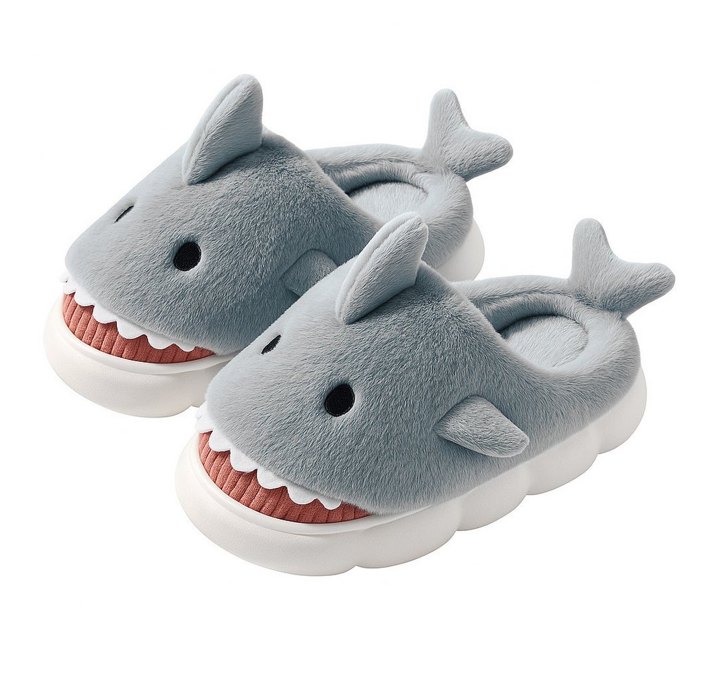 Corimori Flauschige Haifisch Pantoffeln Plüsch Hausschuhe (Packung, Geschenk) rutschfeste Sohle & weiches Innenfutter, Hai Slipper, EU Größe 34-35