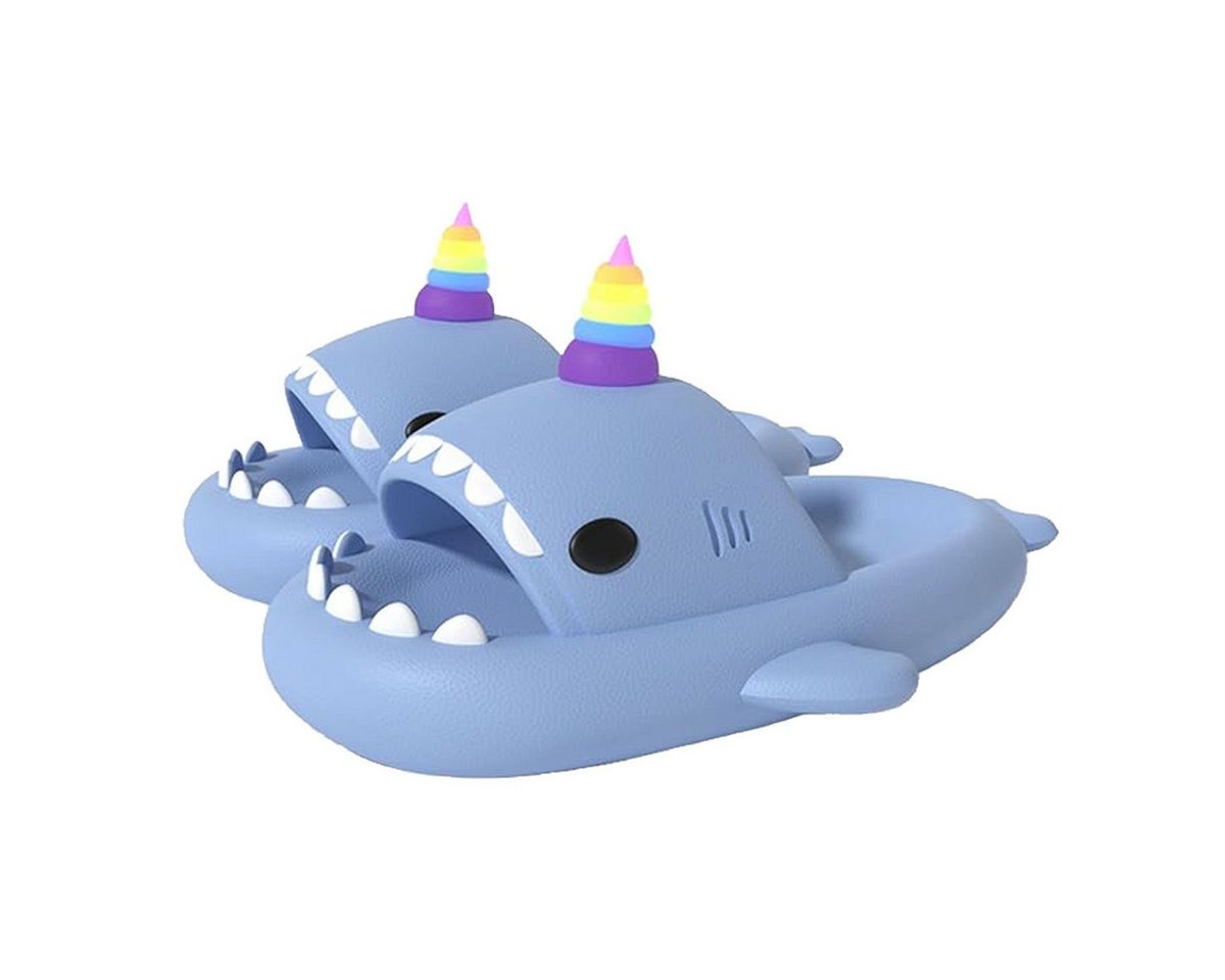 Corimori Hai Einhorn Badeschlappen mit Regenbogenhorn Badeschuh (Packung, Geschenk) lustige Badelatschen für Kinder und Erwachsene, EU Größe 42-43