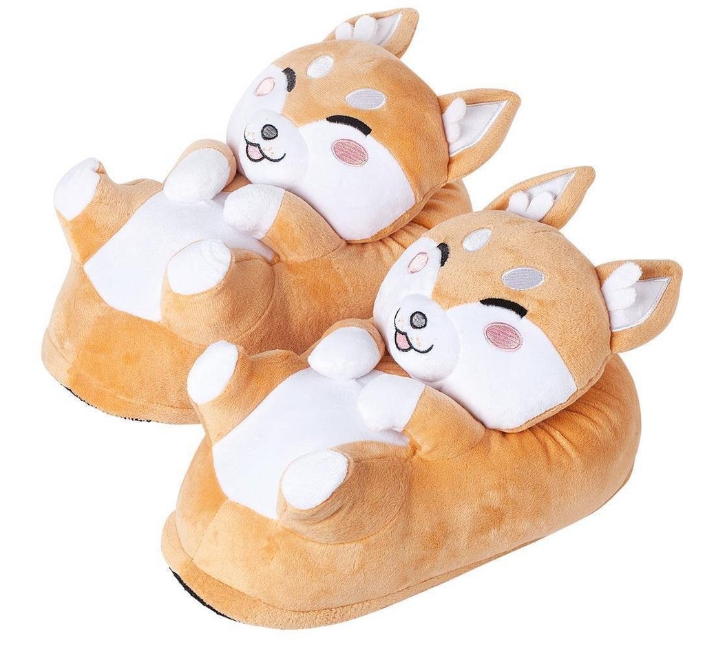 Corimori Tier Pantoffeln für Erwachsene Einheitsgröße 34-44 Plüsch Hausschuhe (Packung, Geschenk) EU Einheitsgröße 34-44, Akito der Shiba Inu, für Kinder und Erwachsene