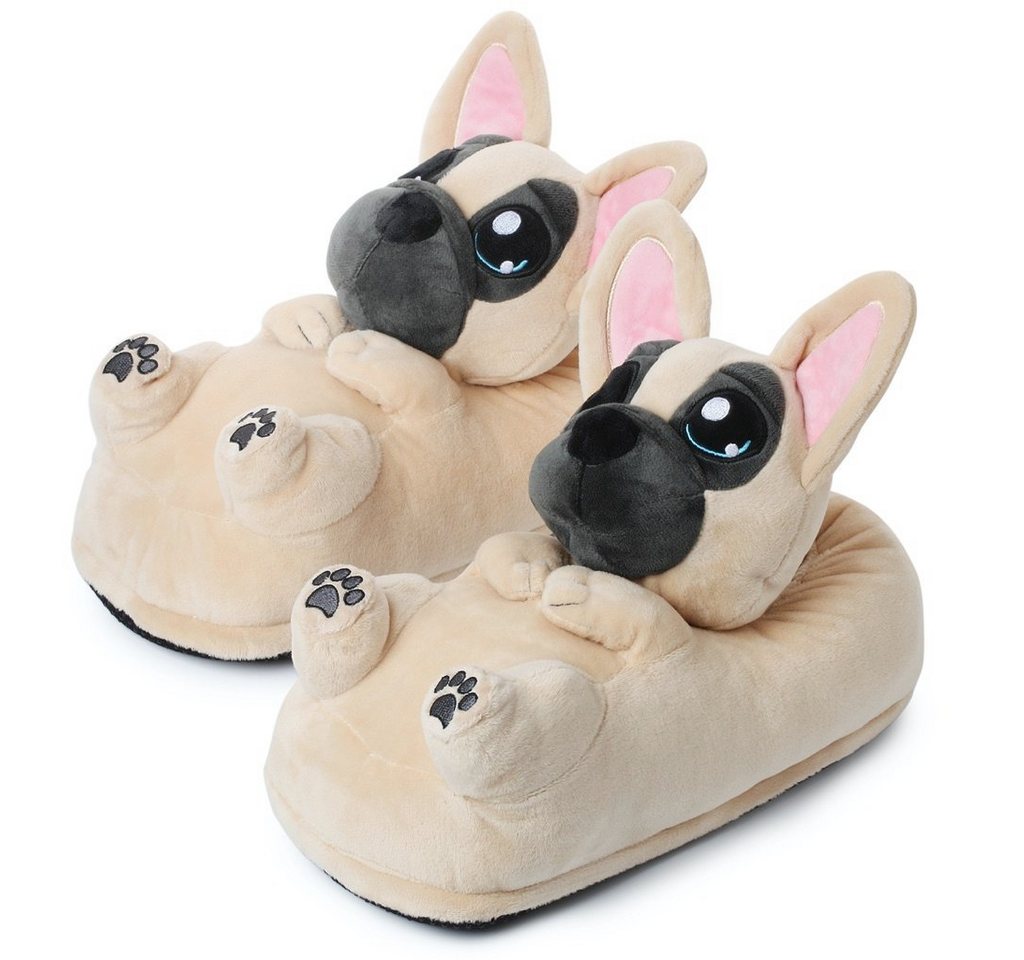 Corimori Tier Pantoffeln für Erwachsene Einheitsgröße 34-44 Plüsch Hausschuhe (Packung, Geschenk) EU Einheitsgröße 34-44, Frenchie Zorro, für Kinder und Erwachsene