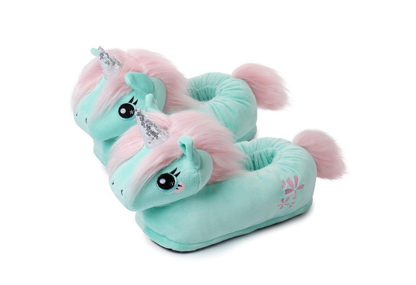 Corimori Tier Pantoffeln für Erwachsene Einheitsgröße 34-44 Plüsch Hausschuhe (Packung, Geschenk) EU Einheitsgröße 34-44, Jade das Einhorn, für Kinder und Erwachsene