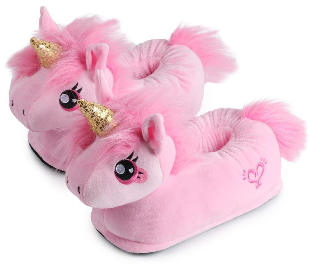 Corimori Tier Pantoffeln für Erwachsene Einheitsgröße 34-44 Plüsch Hausschuhe (Packung, Geschenk) EU Einheitsgröße 34-44, Rose das Einhorn, für Kinder und Erwachsene