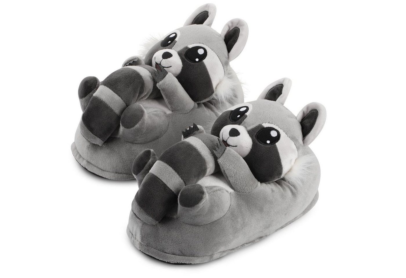 Corimori Tier Pantoffeln für Erwachsene Einheitsgröße 34-44 Plüsch Hausschuhe (Packung, Geschenk) EU Einheitsgröße 34-44, Waschbär Lina, für Kinder und Erwachsene