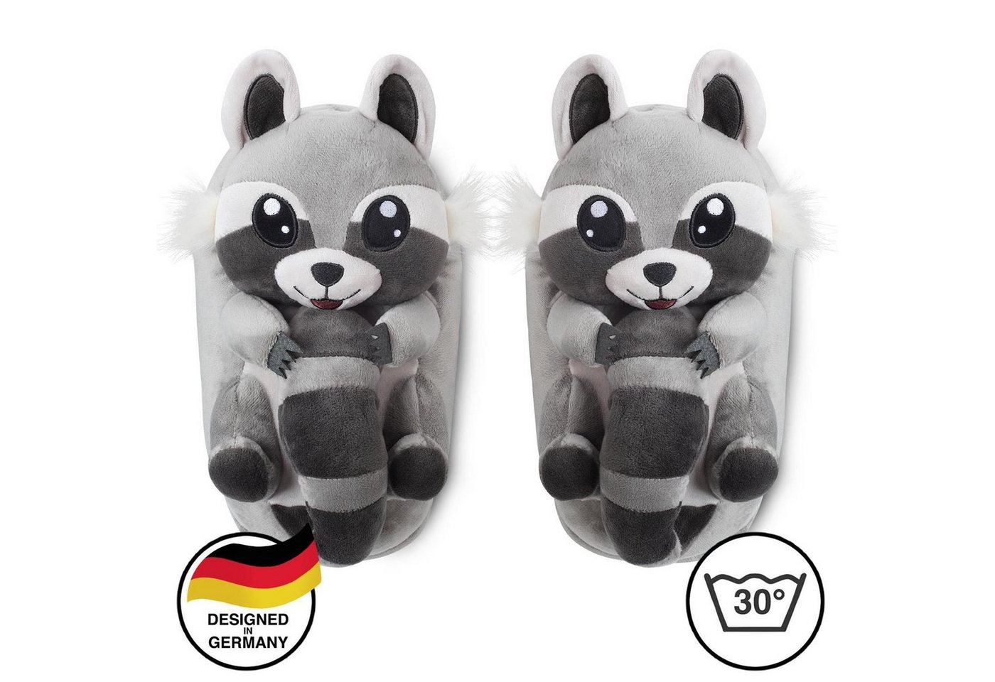 Corimori Tier Pantoffeln für Kinder Einheitsgröße 25-33,5 Plüsch Hausschuhe (Packung, Geschenk) EU Einheitsgröße 25-33,5 Waschbär Lina für Kinder, Jungen, Mädchen