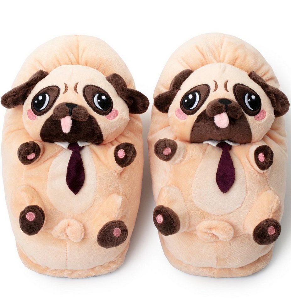 Corimori Witizige Mops Tier-Pantoffeln, Hunde Slipper Plüsch Hausschuhe (Packung, Geschenk) weiche, warme Tierhausschuhe, EU Einheitsgröße 34-44, Coco der Mops