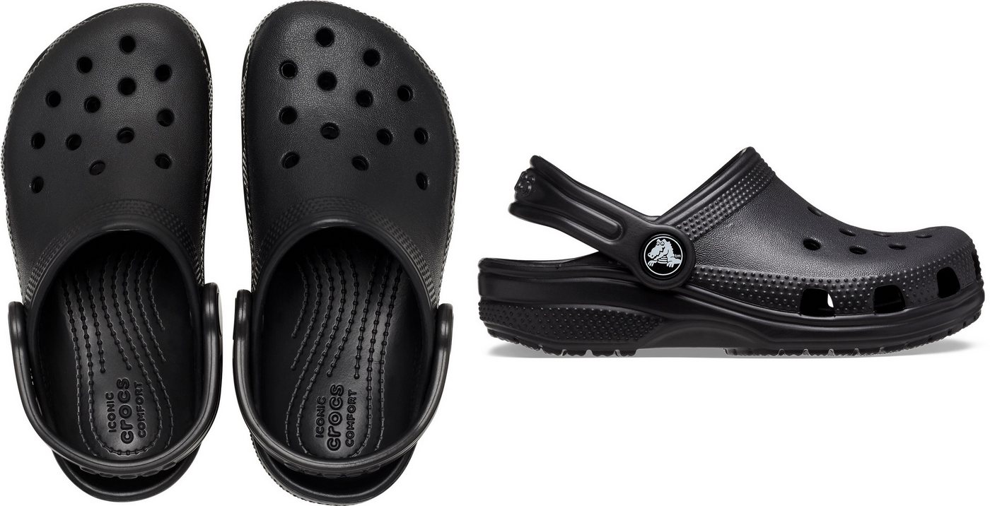 Crocs Classic K Clog Sommerschuh, Hausschuh, Badeschuh mit schwenkbarem Fersenriemchen (schwarz)